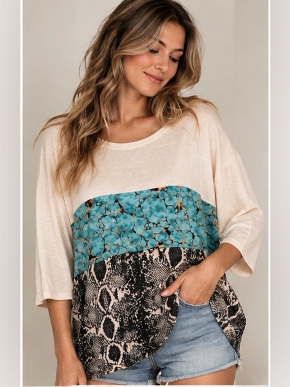 Lucky & Blessed Cream, Teal and Black Mixed-Print Tunic NWT